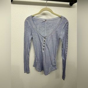 Free People Periwinkle Long Sleeve Top with Lace & Ribbon Detailing on Sleeves
